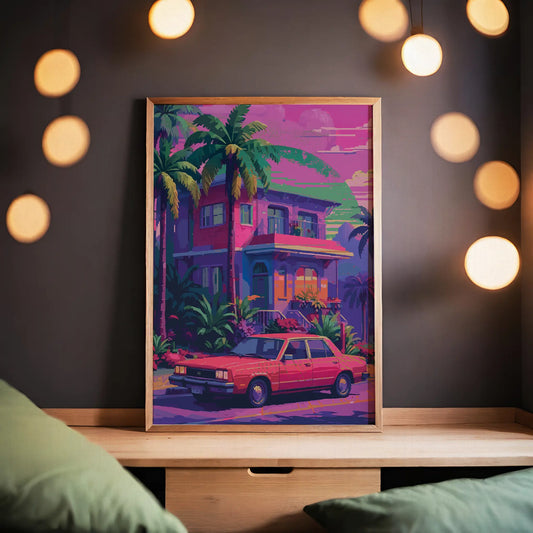 Printable wall art of a vibrant retro-style house with palm trees and a vintage red car parked out front, set against a dreamy sunset sky in pink, purple, and green hues, perfect for colorful, nostalgic home decor.