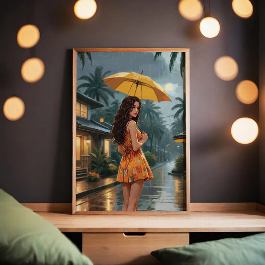 Romantic digital painting of a woman in a floral dress holding a yellow umbrella on a rainy tropical evening, atmospheric printable wall art for cozy and stylish home decor