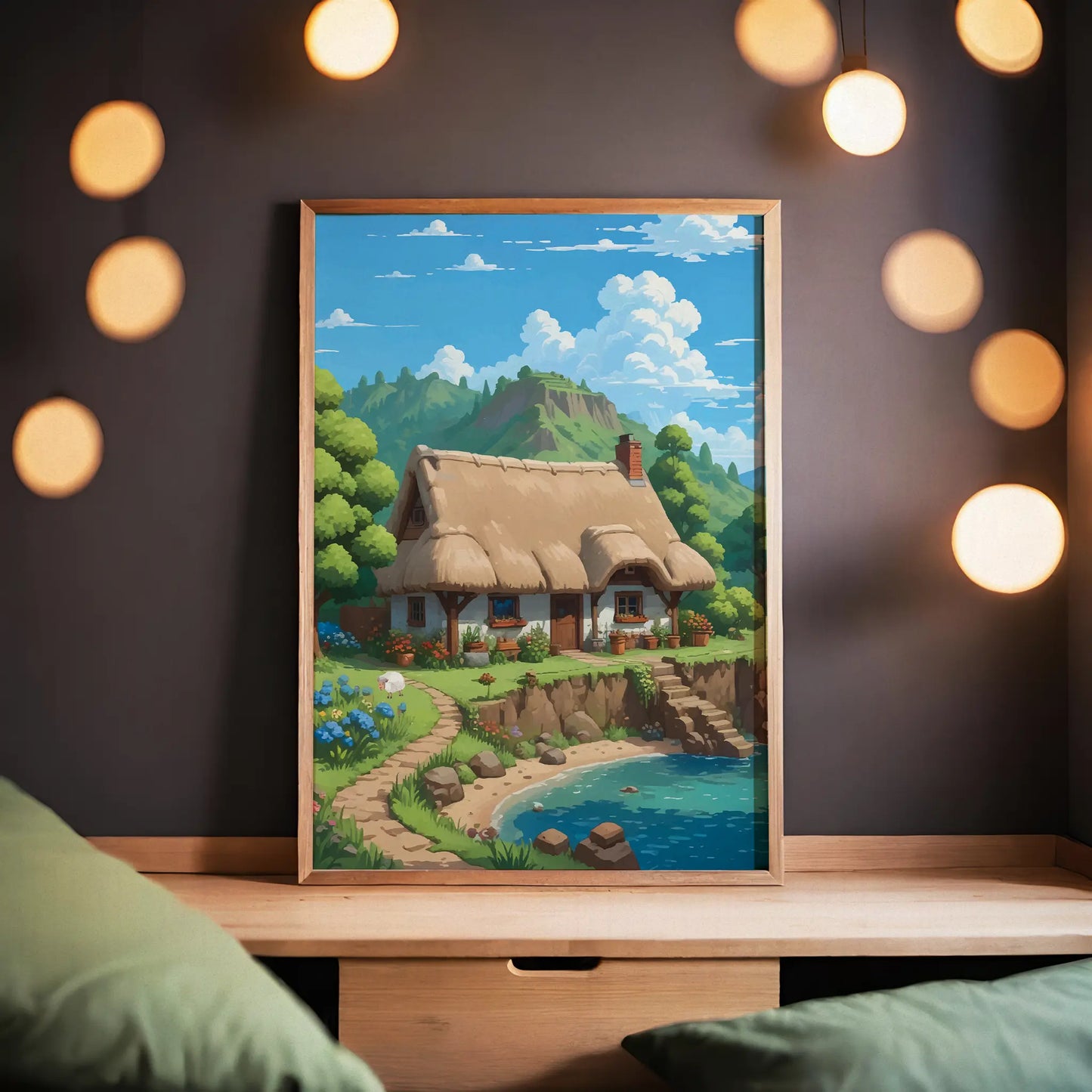 Charming printable wall art featuring a cozy thatched-roof cottage by a clear blue pond, surrounded by blooming flowers, lush greenery, and distant mountain views under a bright sky - perfect for cottagecore, fairytale, or nature-inspired home decor