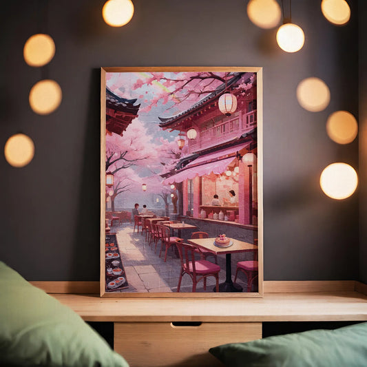 Romantic printable wall art of a serene outdoor café scene under blooming cherry blossom trees, with lantern-lit pink-toned architecture, cozy seating, and desserts on the table - ideal for Japan-inspired, spring, or pastel aesthetic decor