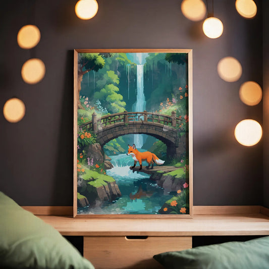 Whimsical printable wall art featuring a red fox crossing a stream beneath a stone bridge, surrounded by lush forest, colorful flowers, and a tall cascading waterfall - ideal for nature lovers, woodland nursery decor, or fantasy-themed interiors