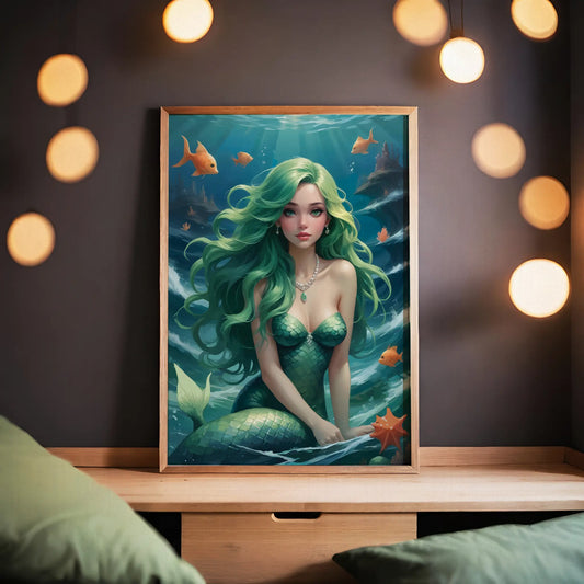 Fantasy digital wall art of a beautiful mermaid with long green hair and shimmering scales surrounded by orange fish under the sea
