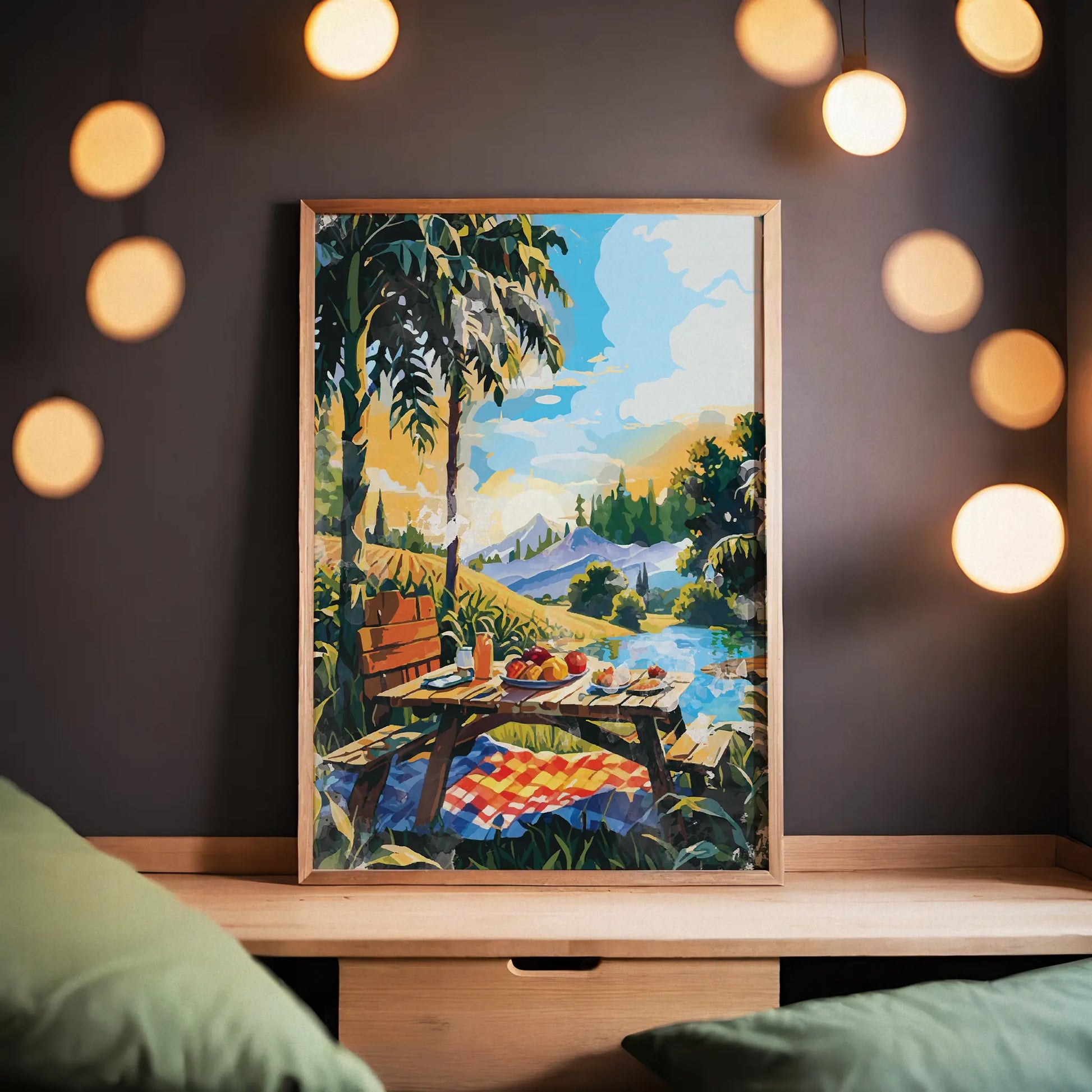 Vibrant picnic-themed printable wall art depicting a rustic wooden table set with fruit, juice, and pastries beside a lake, surrounded by palm trees, mountains, and a colorful sky - perfect for summer decor, kitchen walls, or outdoor-inspired spaces