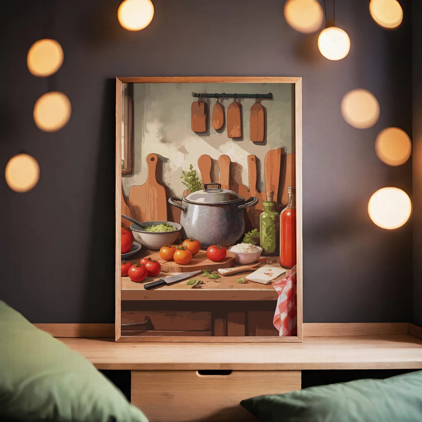 Printable wall art of a rustic kitchen scene with fresh tomatoes, herbs, a cooking pot, cutting boards, and bottles of oil and sauce on a wooden countertop, perfect for cozy farmhouse or kitchen-themed decor