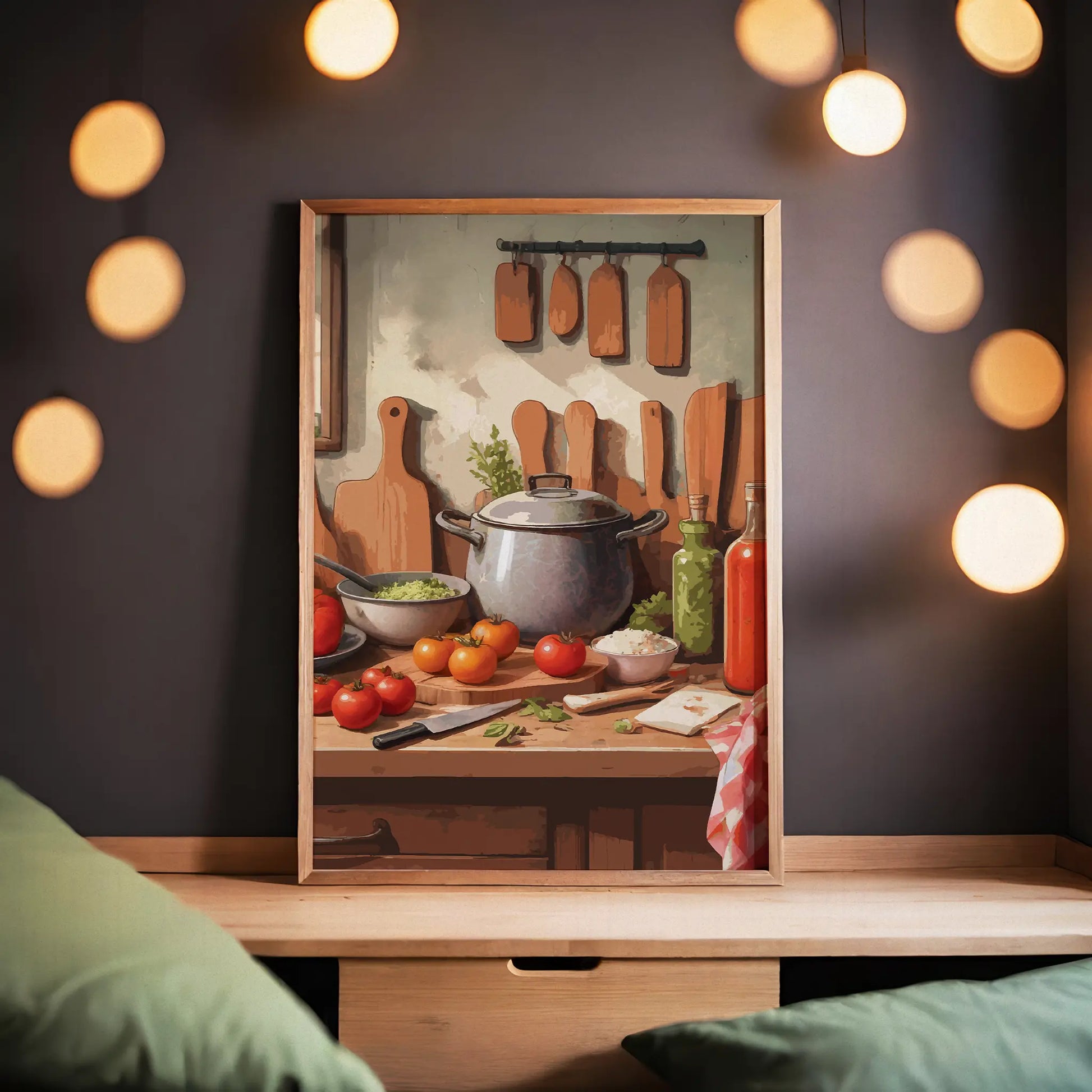 Printable wall art of a rustic kitchen scene with fresh tomatoes, herbs, a cooking pot, cutting boards, and bottles of oil and sauce on a wooden countertop, perfect for cozy farmhouse or kitchen-themed decor
