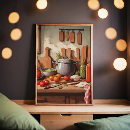 Printable wall art of a rustic kitchen scene with fresh tomatoes, herbs, a cooking pot, cutting boards, and bottles of oil and sauce on a wooden countertop, perfect for cozy farmhouse or kitchen-themed decor