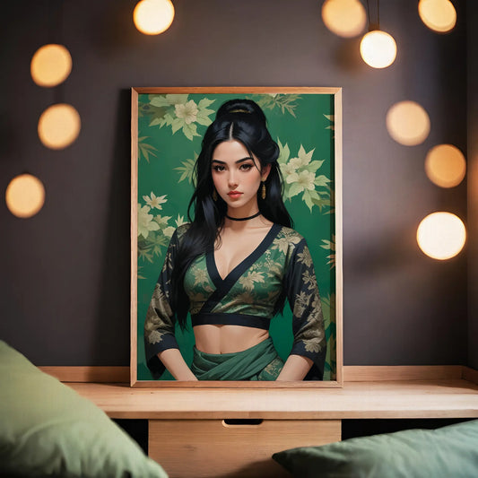 Elegant digital portrait of a woman with long black hair wearing a green floral traditional outfit against a matching botanical background, printable wall art for stylish interiors