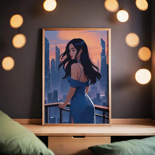 Chic digital artwork of a woman in a flowing blue dress standing on a balcony, overlooking a modern city skyline at sunset, stylish and moody printable wall art