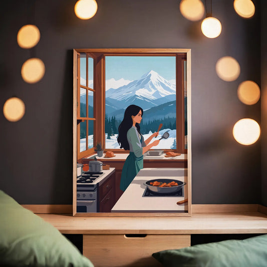 Cozy digital wall art of a woman cooking in a warm kitchen with large windows, overlooking snowy mountains and pine trees
