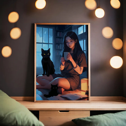 Cozy digital painting of a girl with long dark hair sitting with two black cats and a warm drink in a softly lit room - perfect printable wall art for cat lovers and serene interior spaces