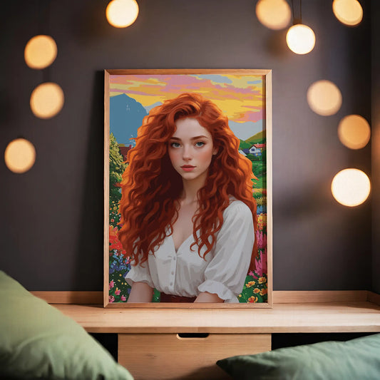 Vibrant digital portrait of a red-haired woman with soft curls, set against a colorful countryside landscape at sunset - modern feminine printable wall art