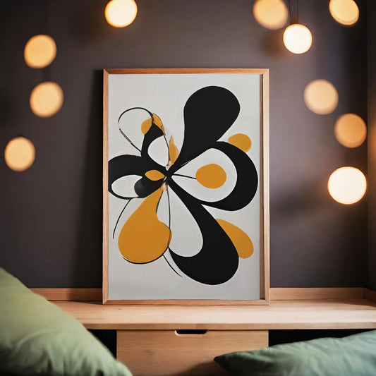 Modern abstract wall art featuring bold black and orange organic shapes with smooth curves on a light background