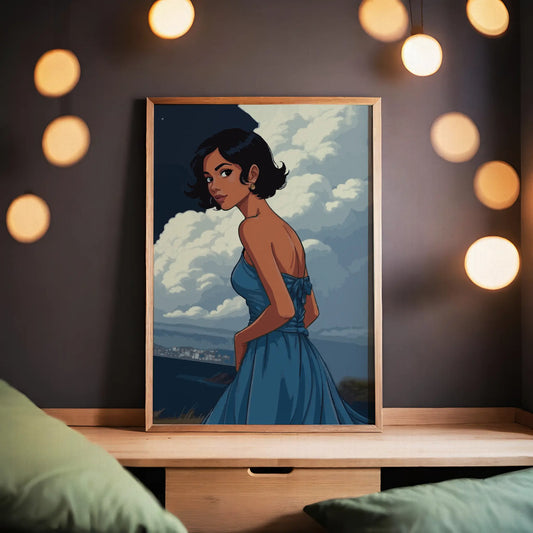 Stylized digital portrait of a confident woman in a flowing blue dress, set against a dramatic cloudy sky and distant coastline, perfect for modern printable wall art