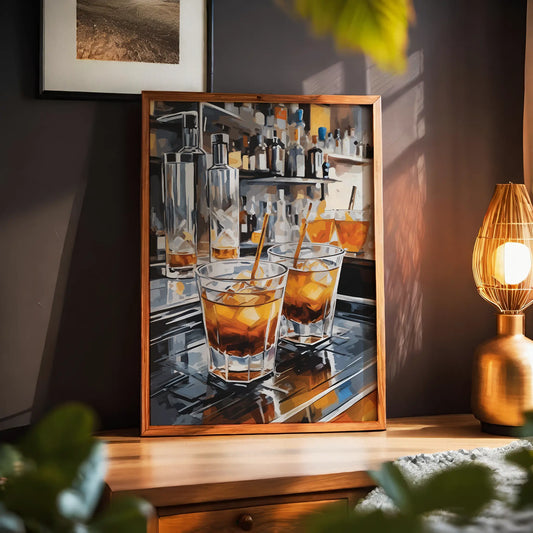 Printable wall art of stylish cocktail glasses filled with whiskey and ice, set on a reflective bar counter with bottles in the background, perfect for modern kitchen, home bar, or lounge decor