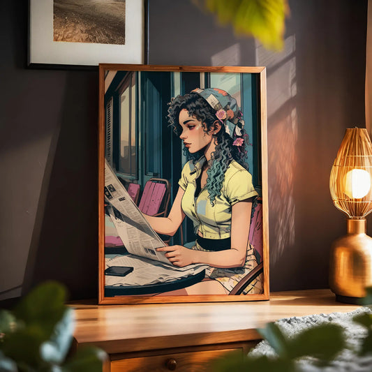 Printable wall art of a stylish young woman with curly hair and a floral headscarf, sitting at an outdoor café table reading a newspaper, in a vintage-inspired, artistic style, perfect for chic and modern home decor