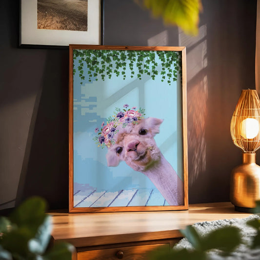 Whimsical printable wall art featuring a cute alpaca with a floral crown, set against a pastel blue background with hanging greenery, perfect for kids’ rooms, nurseries, or boho animal decor lovers.