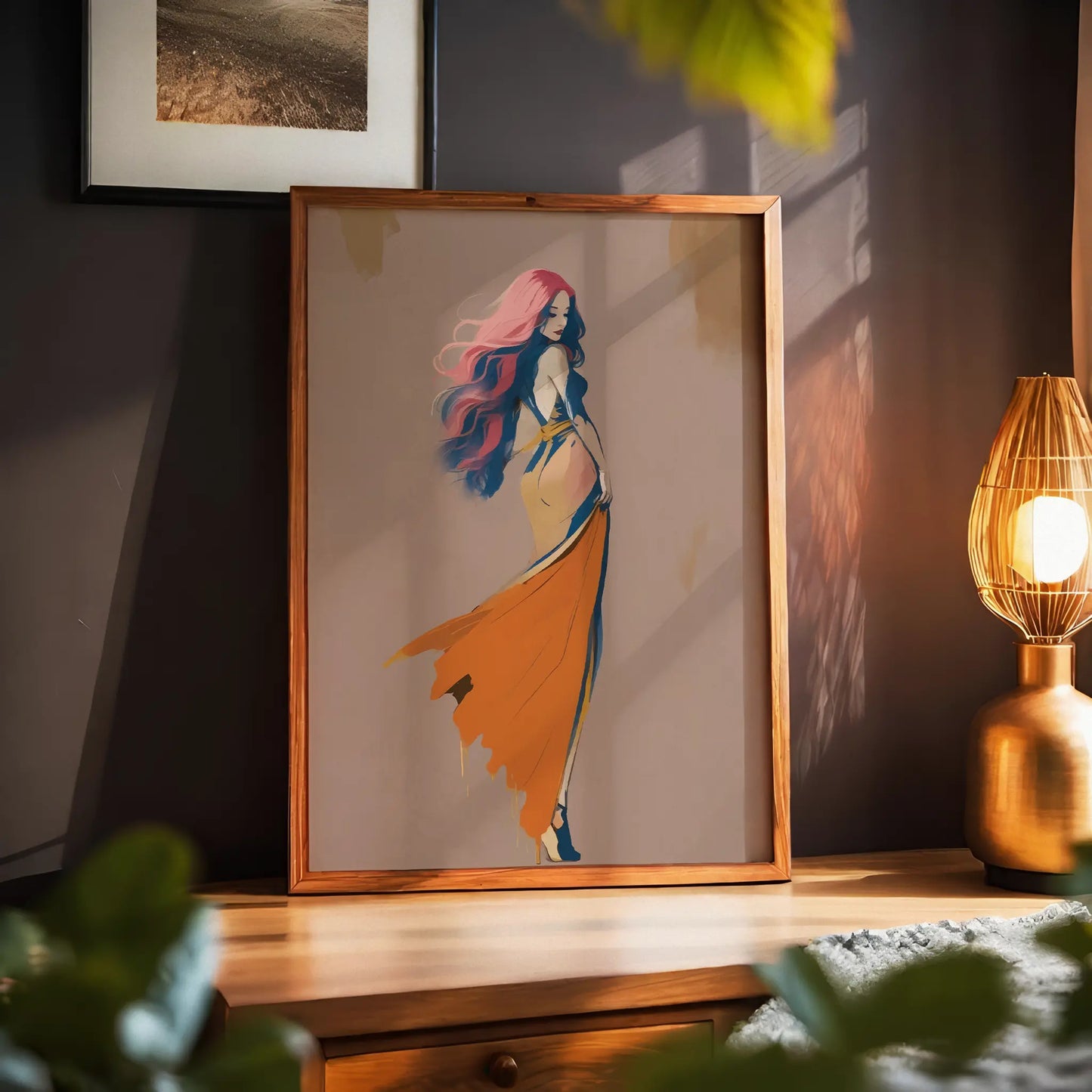 Printable wall art of an elegant woman with flowing pink and purple hair, wearing a backless orange gown with a dramatic train, set against a soft neutral background, perfect for modern and chic home decor.