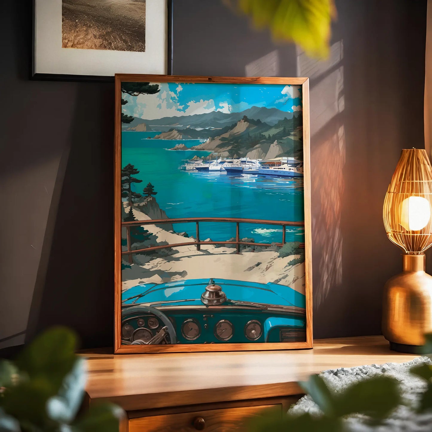 Scenic coastal-themed printable wall art featuring a vintage blue car overlooking a marina filled with yachts, with dramatic cliffs, turquoise waters, and distant mountains under a vivid blue sky, perfect for travel lovers, beach house decor, or retro-inspired interiors