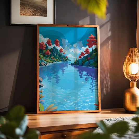 Vibrant landscape wall art of a clear blue river flowing between green hills with red trees and a bright sky filled with fluffy clouds