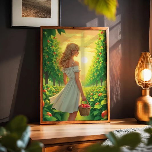 Whimsical digital illustration of a blonde woman in a white dress walking through a sunlit orchard with a basket of apples, romantic countryside-themed printable wall art