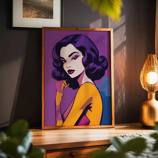 Printable wall art of a stylish woman with vintage Hollywood glamour, featuring bold purple hair, red lips, and a confident pose against a vibrant purple and gold background, perfect for modern, chic home decor