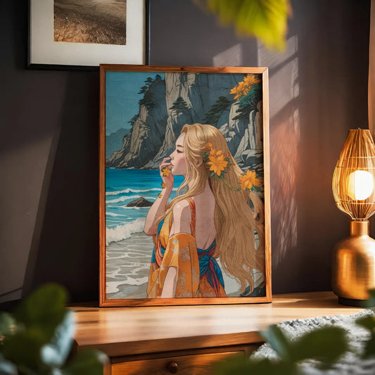 Elegant digital painting of a blonde woman in a floral robe standing by the ocean, surrounded by cliffs and yellow flowers, coastal boho wall art print
