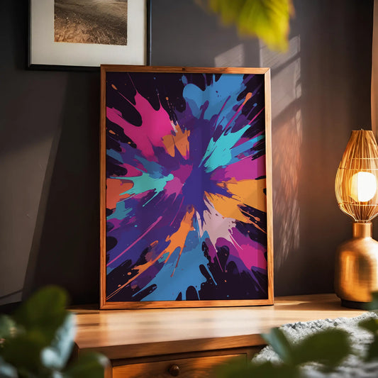 Bold abstract printable wall art featuring a dramatic explosion of colours including deep purples, blues, pinks, oranges, and turquoise on a dark background, perfect for adding energy and creativity to any modern space