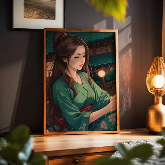 Elegant digital artwork of a woman in a green kimono under lantern lights, set in a serene traditional Japanese evening scene - printable wall art for cultural and aesthetic interiors