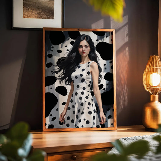 Stylized digital illustration of a confident woman in a white dress with bold black polka dots, set against a matching abstract background - modern printable wall art perfect for fashion-forward interior decor
