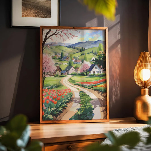 Charming countryside printable wall art showcasing a winding dirt road through vibrant tulip fields, blossoming trees, and cozy houses nestled in green rolling hills with distant mountains, perfect for spring, farmhouse, or cottagecore-inspired decor
