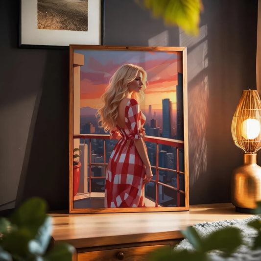 Stylish digital artwork of a blonde woman in a red checkered dress gazing over a modern city skyline at sunset from a balcony, elegant fashion-inspired printable wall art