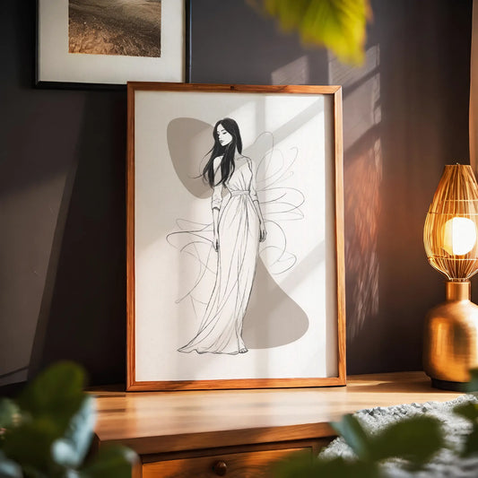 Elegant black and white line art of a woman in a flowing gown with abstract background, minimalist fashion illustration perfect for modern bedrooms, walk-in closets, or chic home decor.
