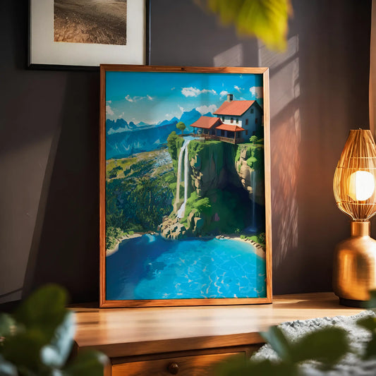 Stunning printable wall art of a cliffside villa with red rooftops overlooking a double waterfall cascading into a crystal-clear turquoise lake, surrounded by lush mountains and a bright blue sky, perfect for nature lovers, travel enthusiasts, or serene landscape decor