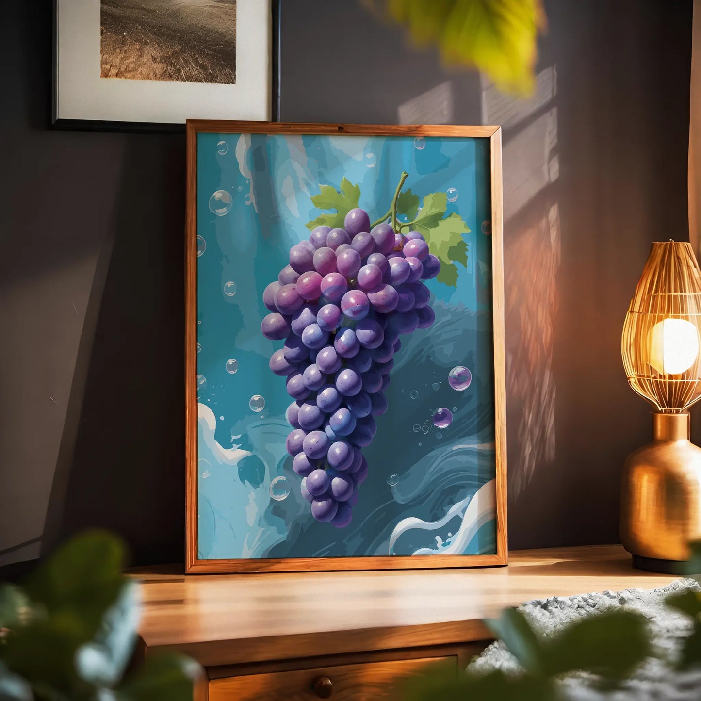 Printable wall art featuring a vibrant bunch of purple grapes with green leaves against a refreshing blue water-inspired background with bubbles, perfect for kitchen, dining room, or wine-themed decor.