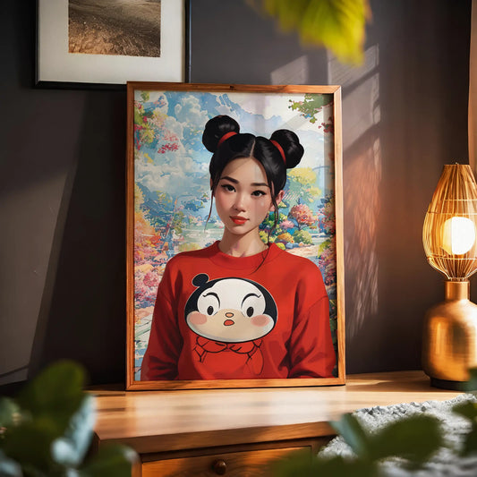 Stylized digital portrait of an Asian girl with double buns and a red cartoon sweatshirt, set against a dreamy, colorful landscape, vibrant printable wall art