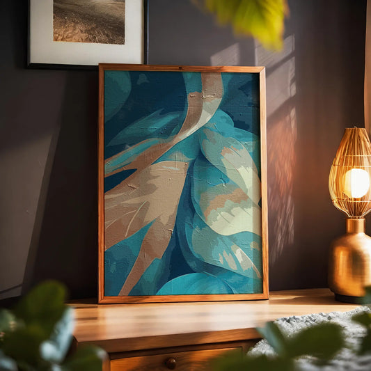 Elegant abstract printable wall art featuring layered brushstroke patterns in rich teal, turquoise, beige, and brown tones with a textured, painterly effect, perfect for adding depth and sophistication to modern interiors