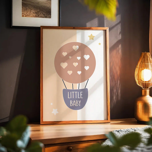 Minimalist nursery wall art featuring a pastel hot air balloon with heart shapes and the phrase "Little Baby", perfect for baby rooms, gender-neutral decor, or baby shower gifts.