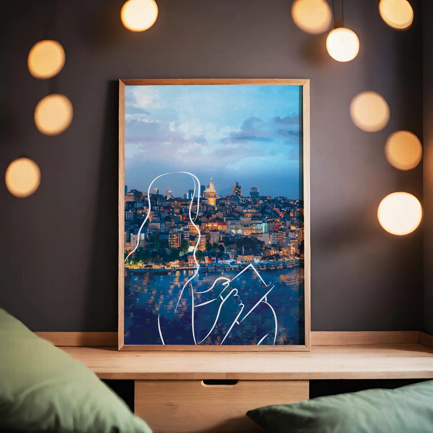 Scenic printable wall art featuring a glowing cityscape at dusk with an abstract white line drawing of a woman holding a book overlaying the waterfront view, a perfect blend of wanderlust, calm, and urban charm.