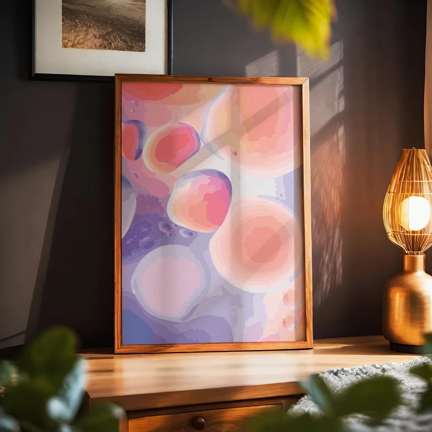 Dreamy abstract printable wall art featuring soft, fluid shapes in pink, peach, lavender, and coral tones, creating a calming, ethereal effect perfect for modern or pastel-themed interiors