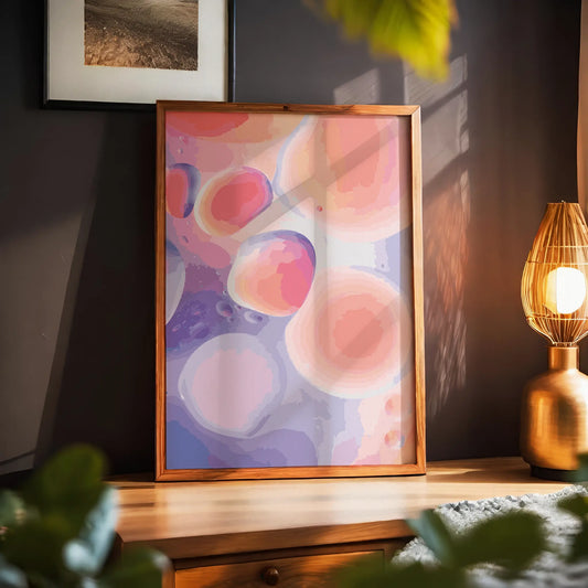 Dreamy abstract printable wall art featuring soft, fluid shapes in pink, peach, lavender, and coral tones, creating a calming, ethereal effect perfect for modern or pastel-themed interiors
