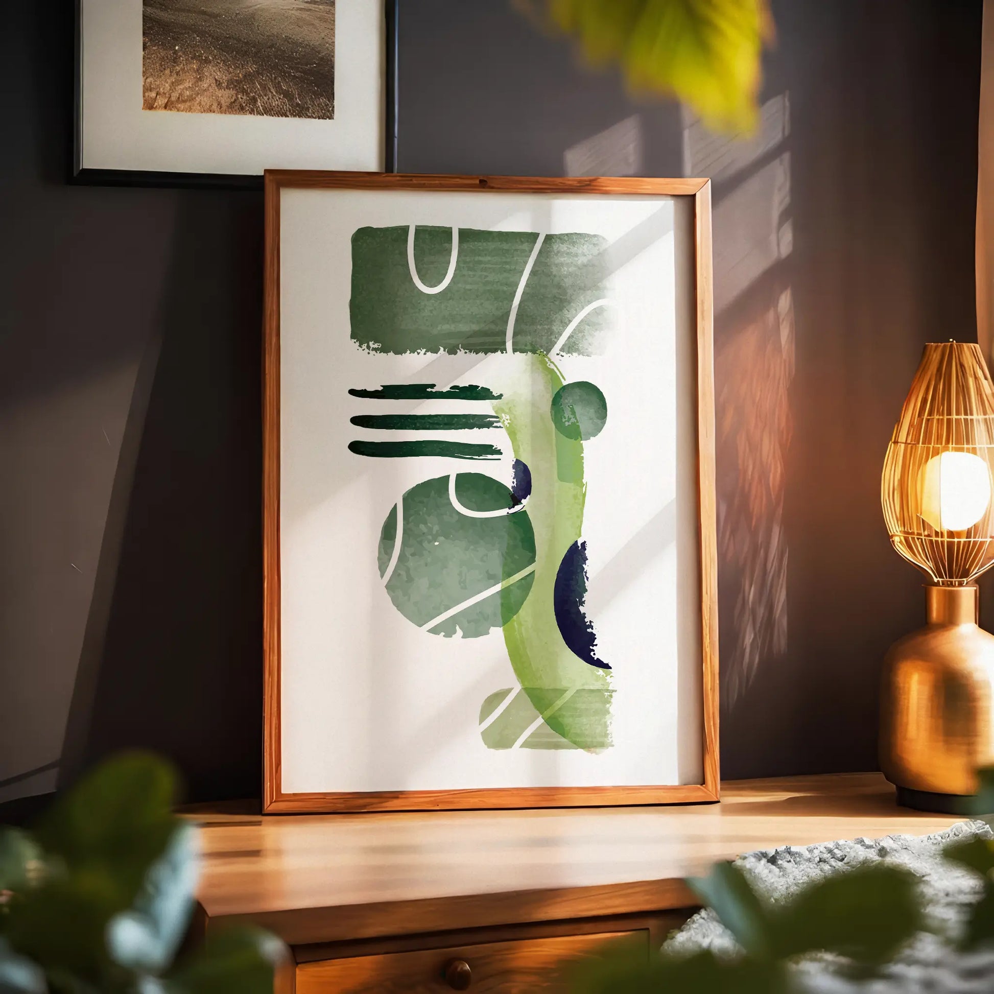 Modern abstract printable wall art featuring layered geometric shapes and textured brushstrokes in earthy green tones with subtle white accents, perfect for minimalist, nature-inspired, or contemporary spaces