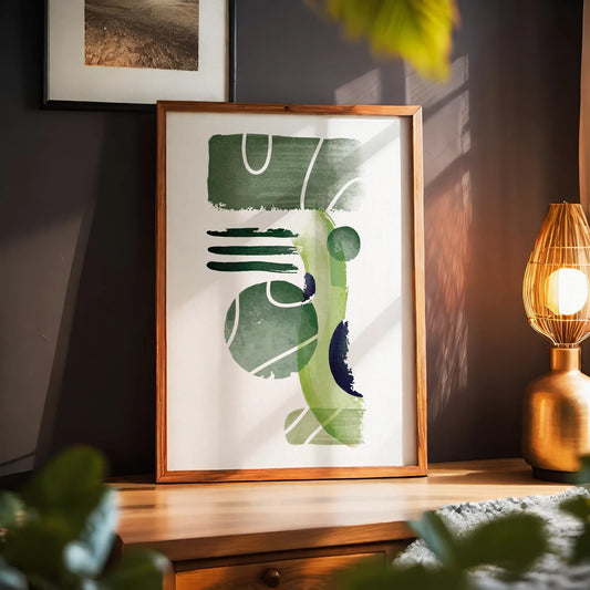 Modern abstract printable wall art featuring layered geometric shapes and textured brushstrokes in earthy green tones with subtle white accents, perfect for minimalist, nature-inspired, or contemporary spaces