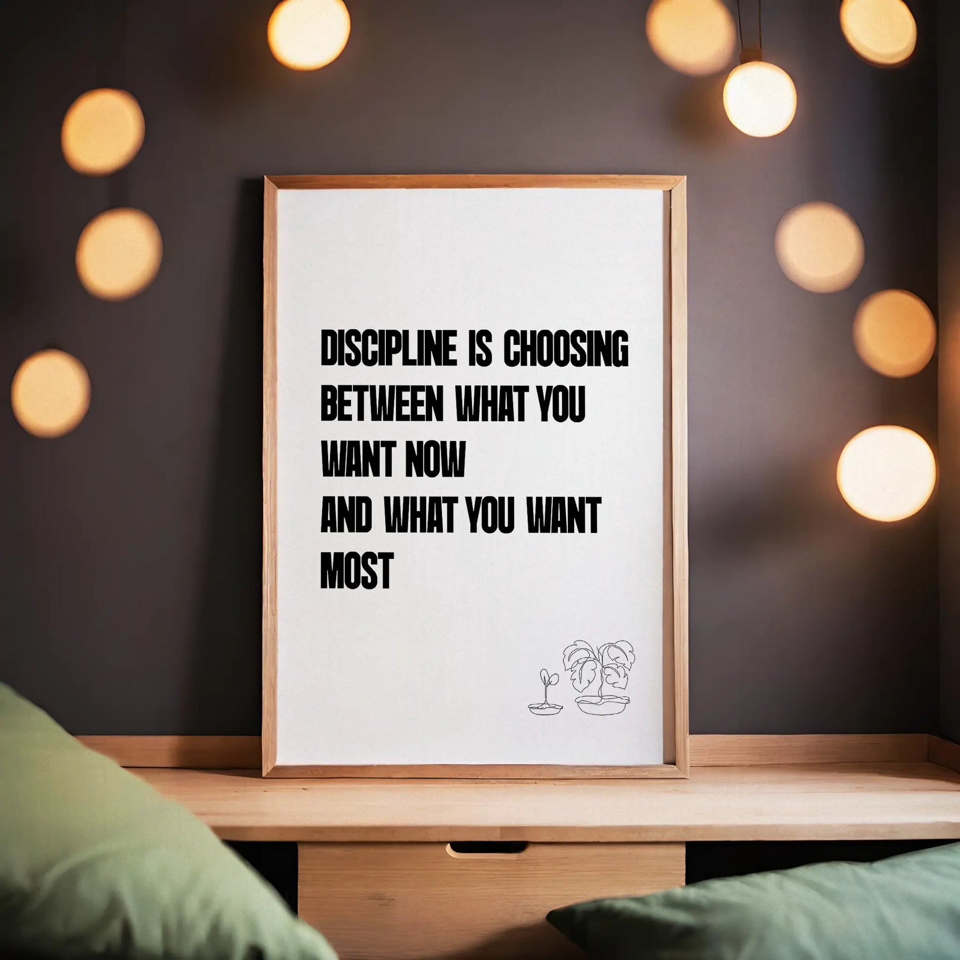Motivational printable wall art featuring the quote 'Discipline is choosing between what you want now and what you want most' in bold black uppercase text, with minimalist line art of two potted plants on a white background - perfect for productivity, gym, or goal-setting decor.