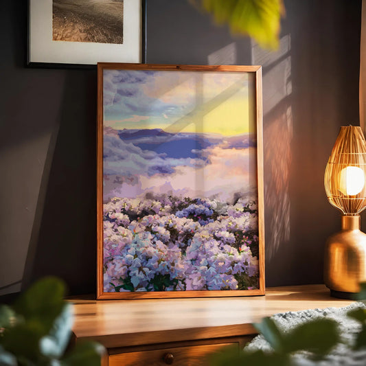 Dreamy floral landscape printable wall art featuring a field of pastel blossoms beneath a radiant sky at sunset, perfect for romantic, tranquil, or nature-inspired interior decor.