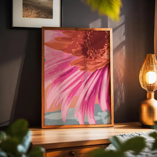 Vibrant close-up digital painting of a pink and orange daisy flower, perfect printable wall art for adding bold color and botanical charm to modern interiors.