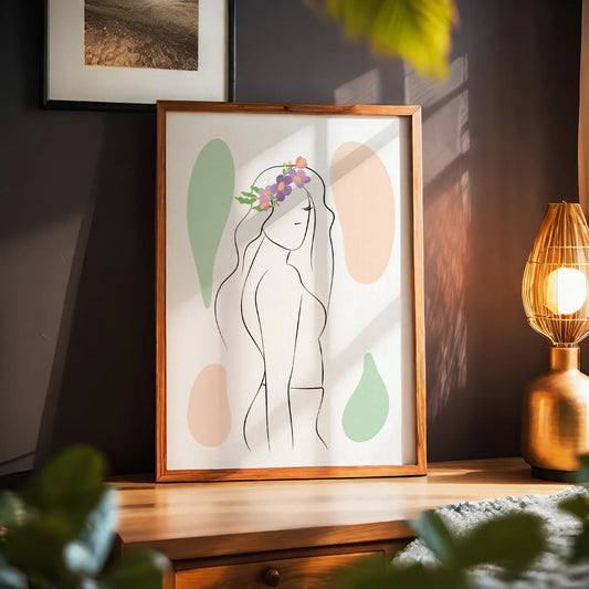 Minimalist line art of a woman in profile adorned with a floral crown, set against soft green and beige abstract shapes, modern feminine printable wall decor