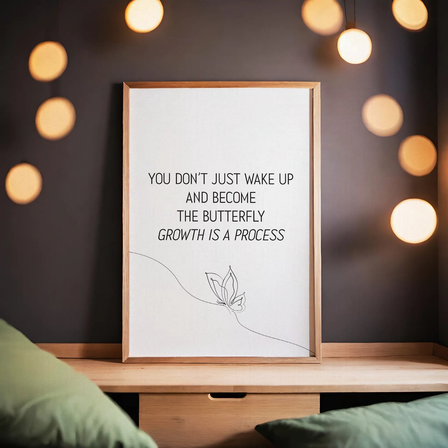 Elegant printable wall art featuring the inspirational quote 'You don’t just wake up and become the butterfly - growth is a process' in minimalist black typography, with a delicate one-line butterfly illustration, perfect for self-care, therapy, or personal development decor.