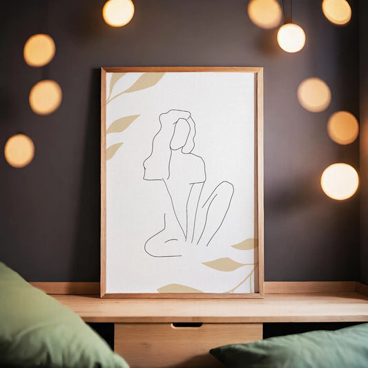 Minimalist line art of a seated woman with flowing hair, drawn in a single continuous stroke, surrounded by soft beige botanical elements on a light background, perfect for serene and modern interiors