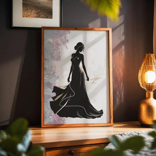 Elegant silhouette of a woman in a flowing evening gown, captured in a graceful pose against a textured abstract background, sophisticated fashion-inspired wall art for modern interiors or dressing rooms.
