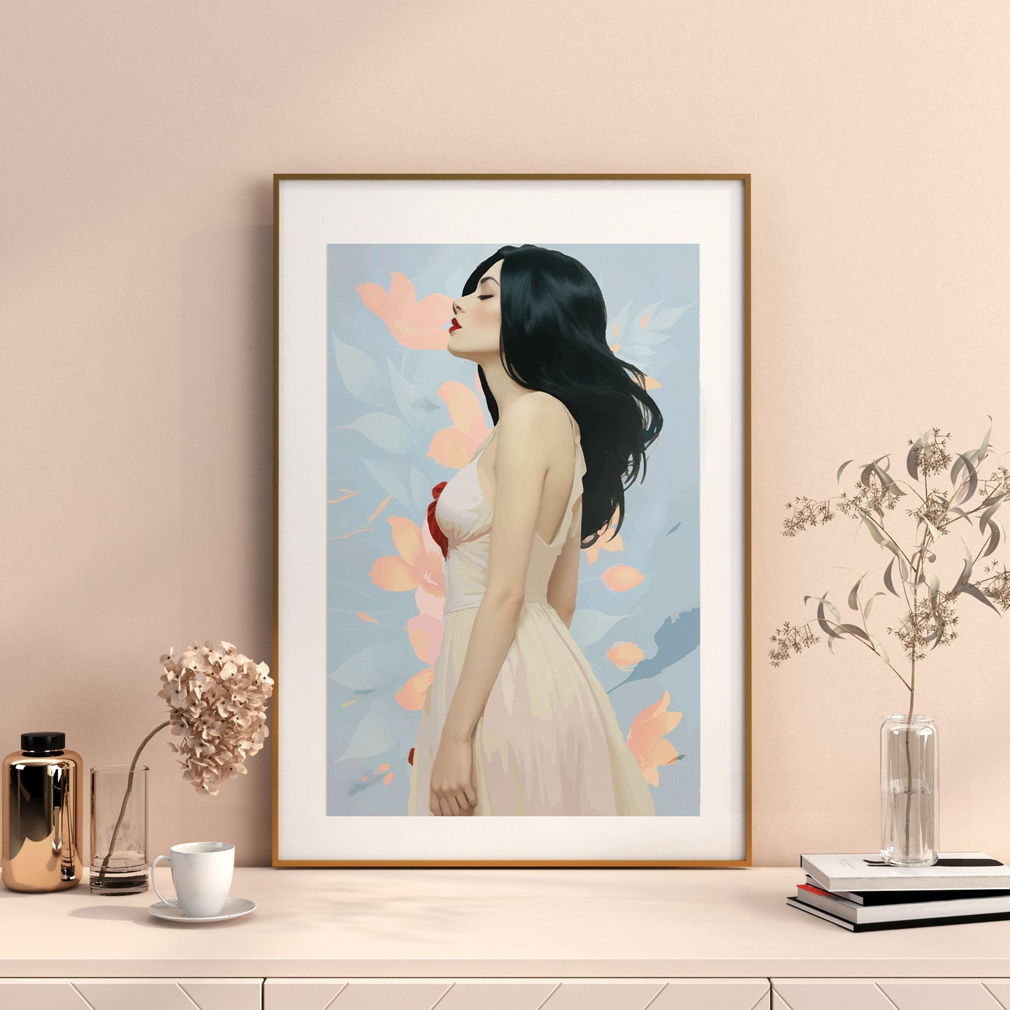 Printable wall art of a graceful woman in a flowing white dress with dark hair, set against a soft pastel floral background, perfect for modern, feminine home decor